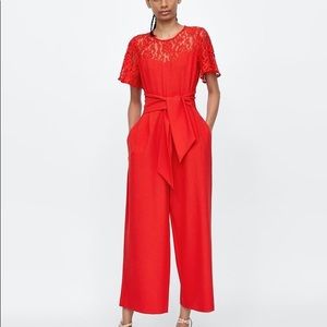 Zara red lace top belted bow Jumpsuit